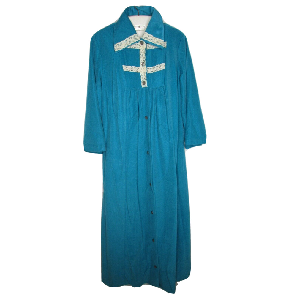 Raymodes Robe Button Up Full Length Tag Size 7 Union Made Teal Blue Vintage 70s